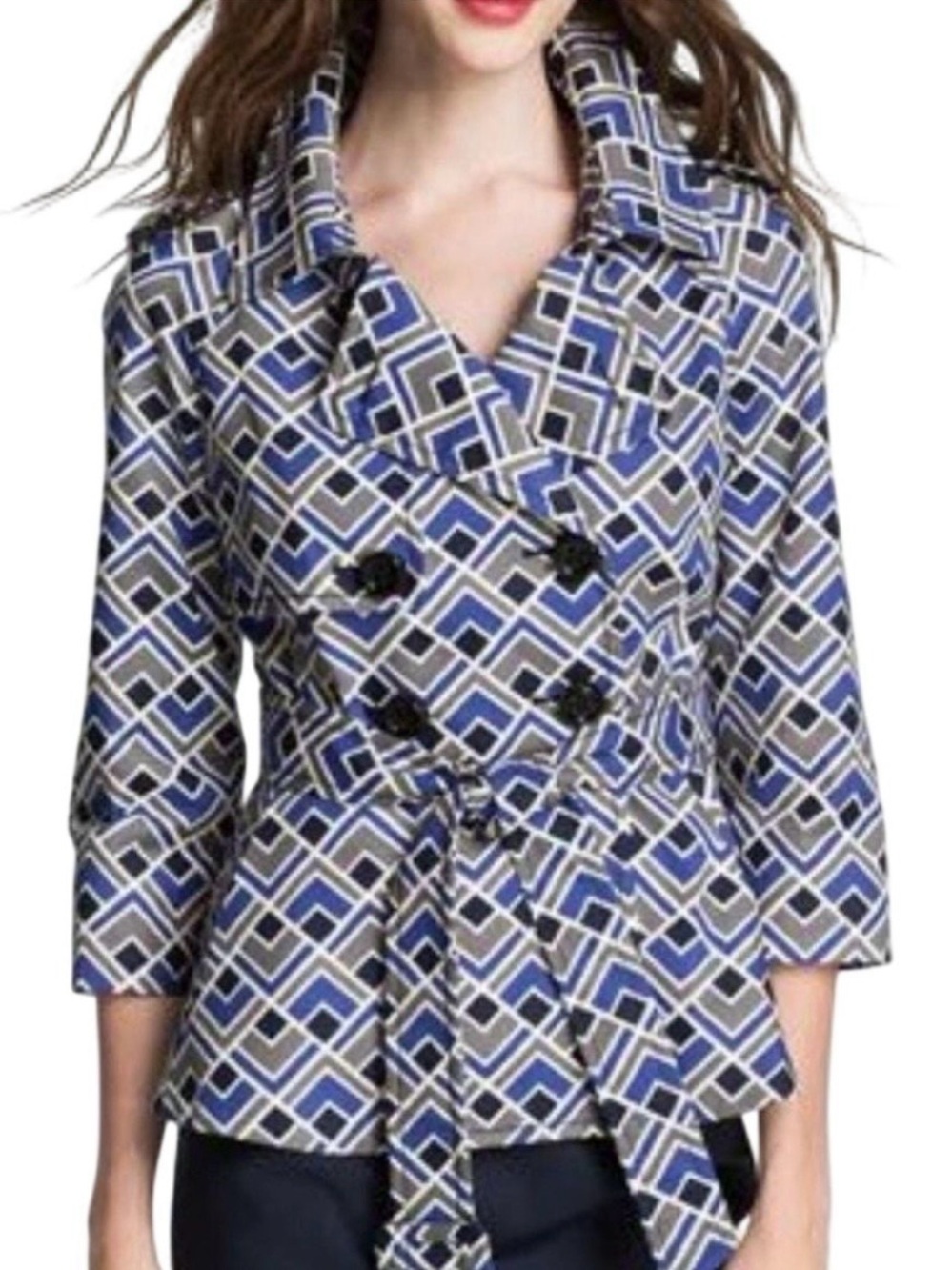 Kate Spade Lettie Trench Coat Geometric-Print Blue & Gray Women’s Belted Coat - Picture 11 of 11